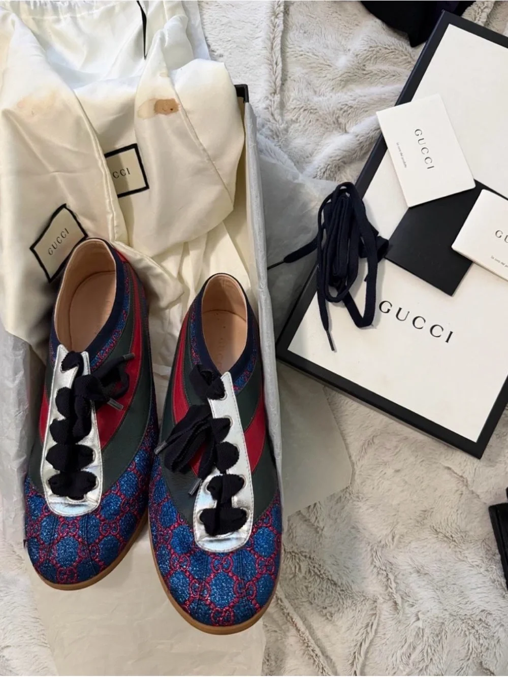Gucci Mens Blue & Red Logo Lace-Up Sneakers